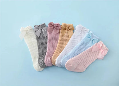 Chaussettes d'été en coton pour bébé fille de 0 à 24 mois, avec nœud en maille et dentelle, aux genoux, pour nouveau-né, princesse, longues, nouvelle collection 2024