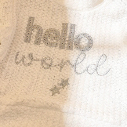 Ylsteed "bonjour" broderie nouveau-né photographie accessoires infantile barboteuse combinaison avec chapeau à nœud bébé à la maison tenue bébé Photo cadeau