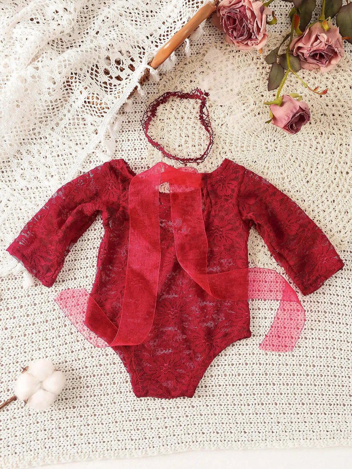 Ylsteed – ensemble 2 pièces pour nouveau-né, barboteuse en dentelle, tenues de photographie pour nourrissons avec bandeau assorti, accessoires de prise de vue Photo pour bébé fille