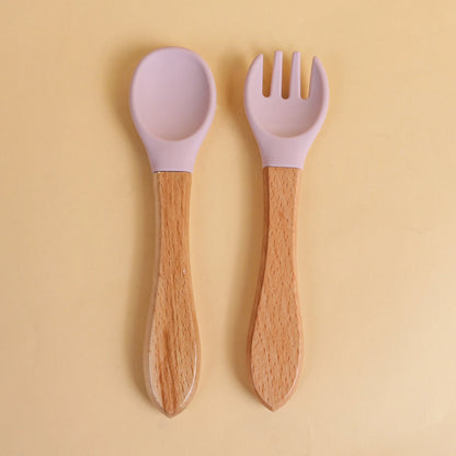 2 pièces/ensemble vaisselle bébé cuillère fourchette ensemble enfants Silicone bois alimentation formation bébé vaisselle couverts bébé alimentation fournitures