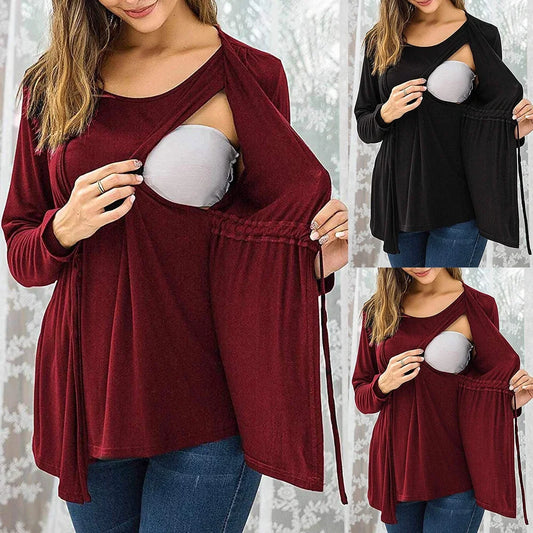 Automne hiver à manches longues col rond faux deux pièces à lacets allaitement femmes enceintes haut T-shirt vêtements d'extérieur pour femmes enceintes