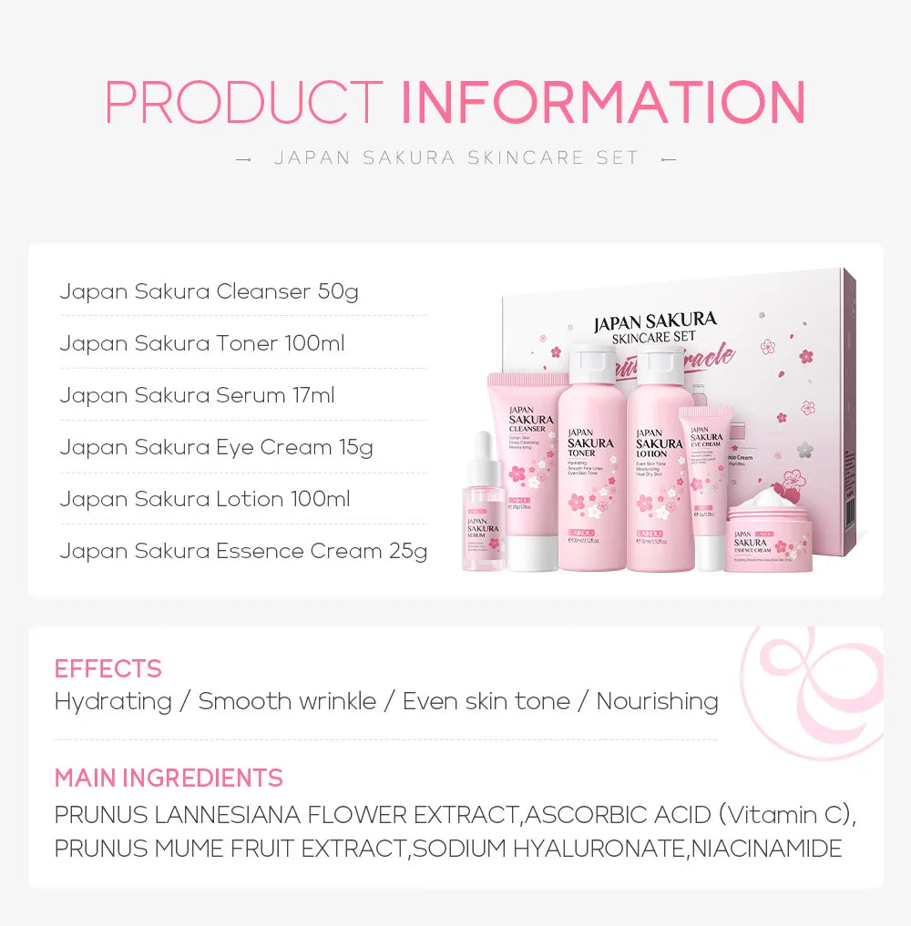 LAIKOU Sakura ensembles de soins de la peau nettoyant pour le visage crèmes pour les yeux crème pour le visage sérum Lotion Toner éclaircissant hydratant Kit de soins du visage