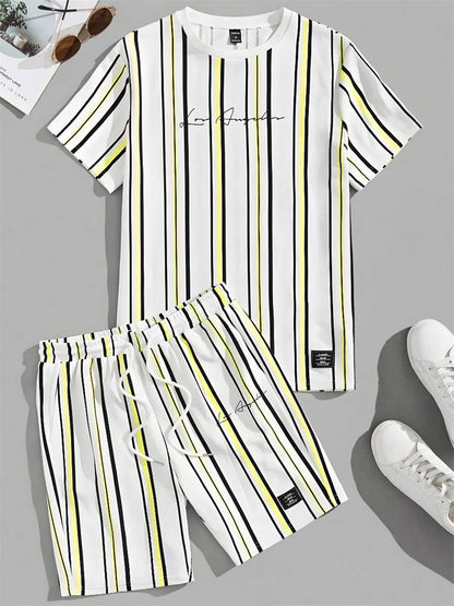 Ensemble d'été imprimé à rayures 3D pour hommes, T-shirt décontracté à manches courtes pour tous les jours, Short de plage à la mode pour hommes de rue urbaine