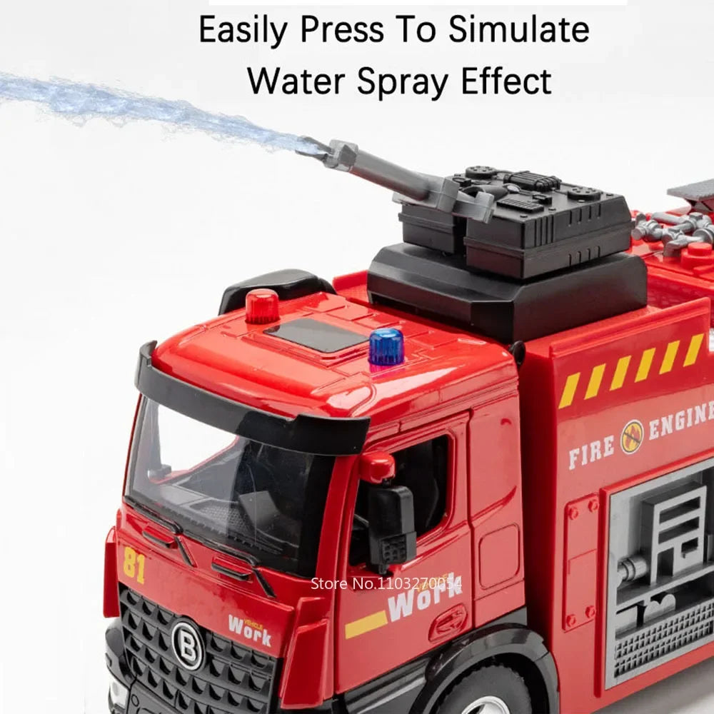 1:18 pétrolier d'eau alliage échelle camion de pompier modèle jouets voiture moulé sous pression en métal ingénierie véhicule portes ouvert son lumière jouet garçon cadeau