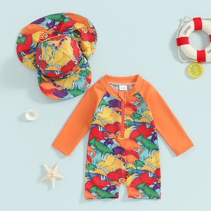 Tregren – maillot de bain pour garçons, protection contre les éruptions cutanées, manches longues, imprimé tortue/dinosaure, avec bonnets de bain, vêtements de plage