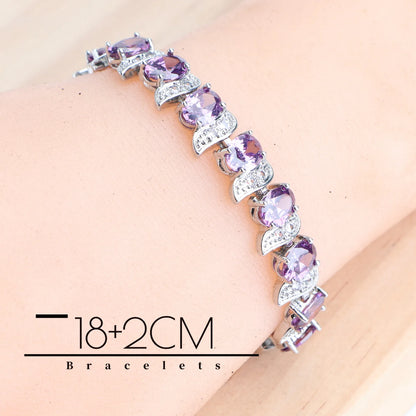 Ensemble de bijoux en argent Zircon violet 925, boucles d'oreilles de mariée, bracelets à breloques pour femmes, bague, pendentif, collier, bijoux de mariage