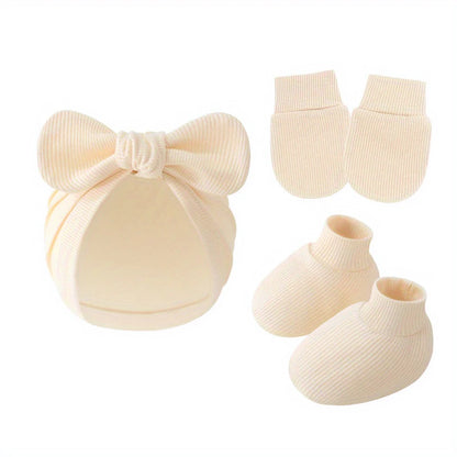 3 pièces/ensemble bébé nœud chapeau gants chaussettes coton nouveau-né Bonnet couleur unie Bonnet pour filles garçons infantile douche cadeaux 0-6M