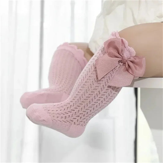 Chaussettes d'été en coton pour bébé fille de 0 à 24 mois, avec nœud en maille et dentelle, aux genoux, pour nouveau-né, princesse, longues, nouvelle collection 2024