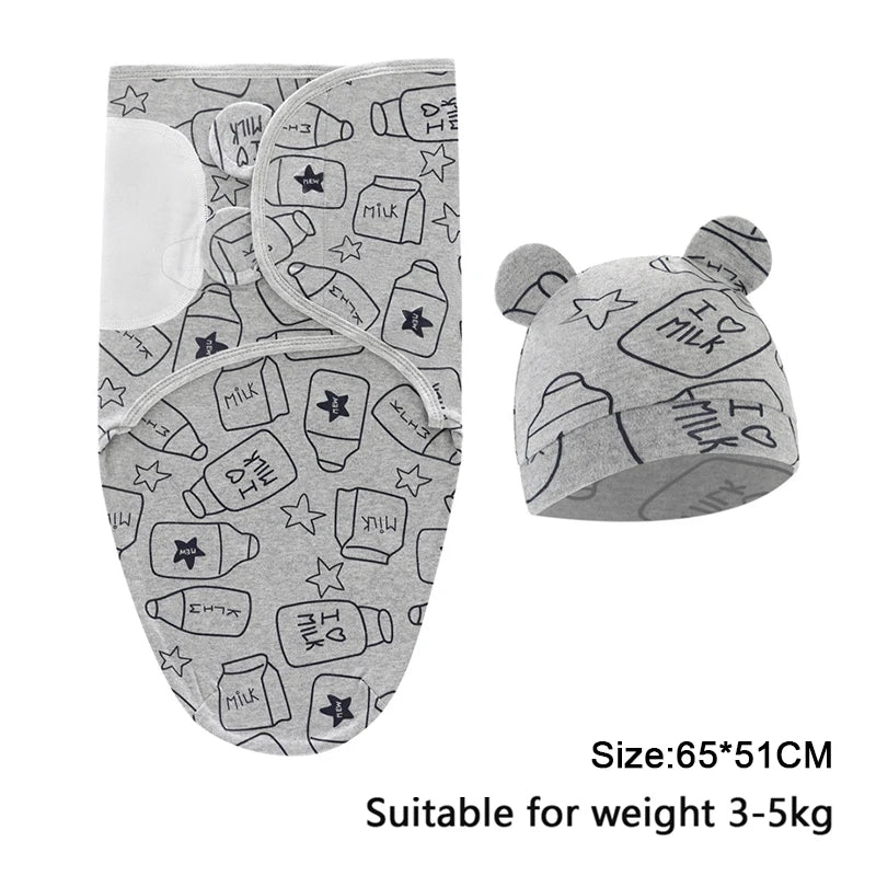 Ensemble de couverture et chapeau pour bébé de 0 à 6 mois, en coton imprimé de dessin animé, emmaillotage réglable pour nouveau-né, enveloppes de couchage pour nourrissons, toutes saisons