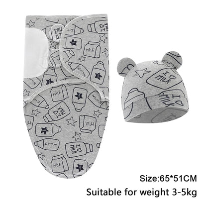 Ensemble de couverture et chapeau pour bébé de 0 à 6 mois, en coton imprimé de dessin animé, emmaillotage réglable pour nouveau-né, enveloppes de couchage pour nourrissons, toutes saisons