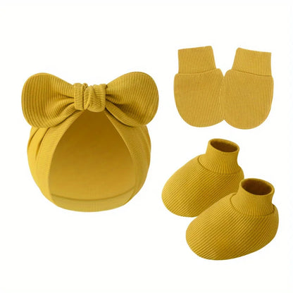 3 pièces/ensemble bébé nœud chapeau gants chaussettes coton nouveau-né Bonnet couleur unie Bonnet pour filles garçons infantile douche cadeaux 0-6M