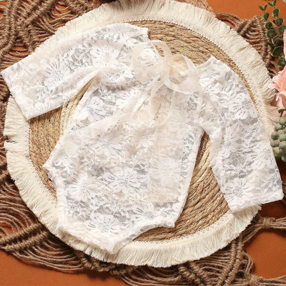 Ylsteed – ensemble 2 pièces pour nouveau-né, barboteuse en dentelle, tenues de photographie pour nourrissons avec bandeau assorti, accessoires de prise de vue Photo pour bébé fille