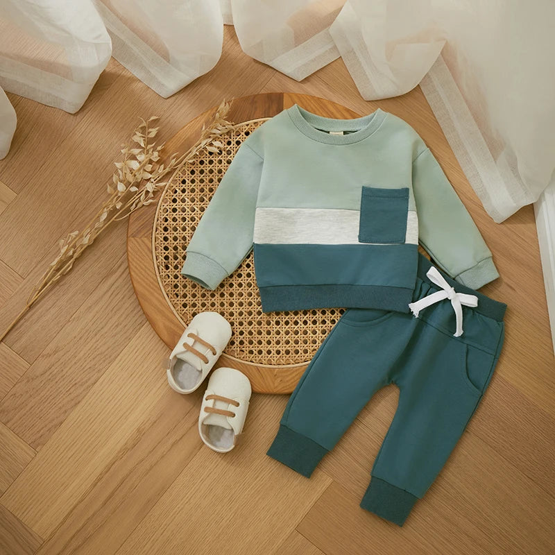 Survêtement d'hiver 2 pièces pour bébé, tenues pour garçons en bas âge, couleur contrastée, sweat-shirt à manches longues, hauts et pantalons longs, ensemble de vêtements pour tout-petits