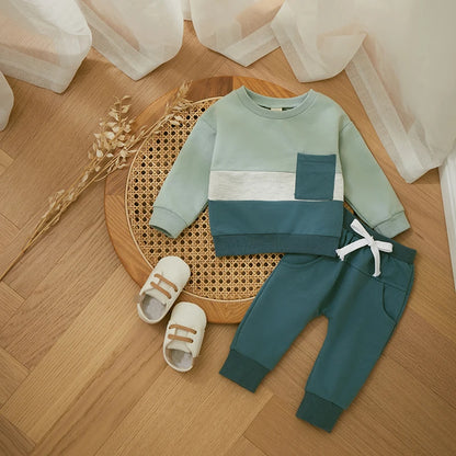 Survêtement d'hiver 2 pièces pour bébé, tenues pour garçons en bas âge, couleur contrastée, sweat-shirt à manches longues, hauts et pantalons longs, ensemble de vêtements pour tout-petits