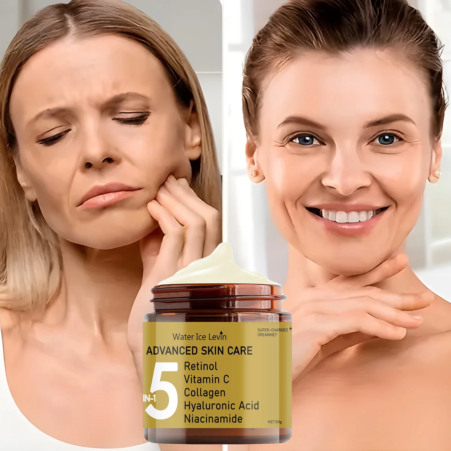 La crème pour le visage contient l'acide hyaluronique, le collagène, le rétinol et la niacinamide hydrate et la nutrition, douce, d'élasticité et énergique pour la peau