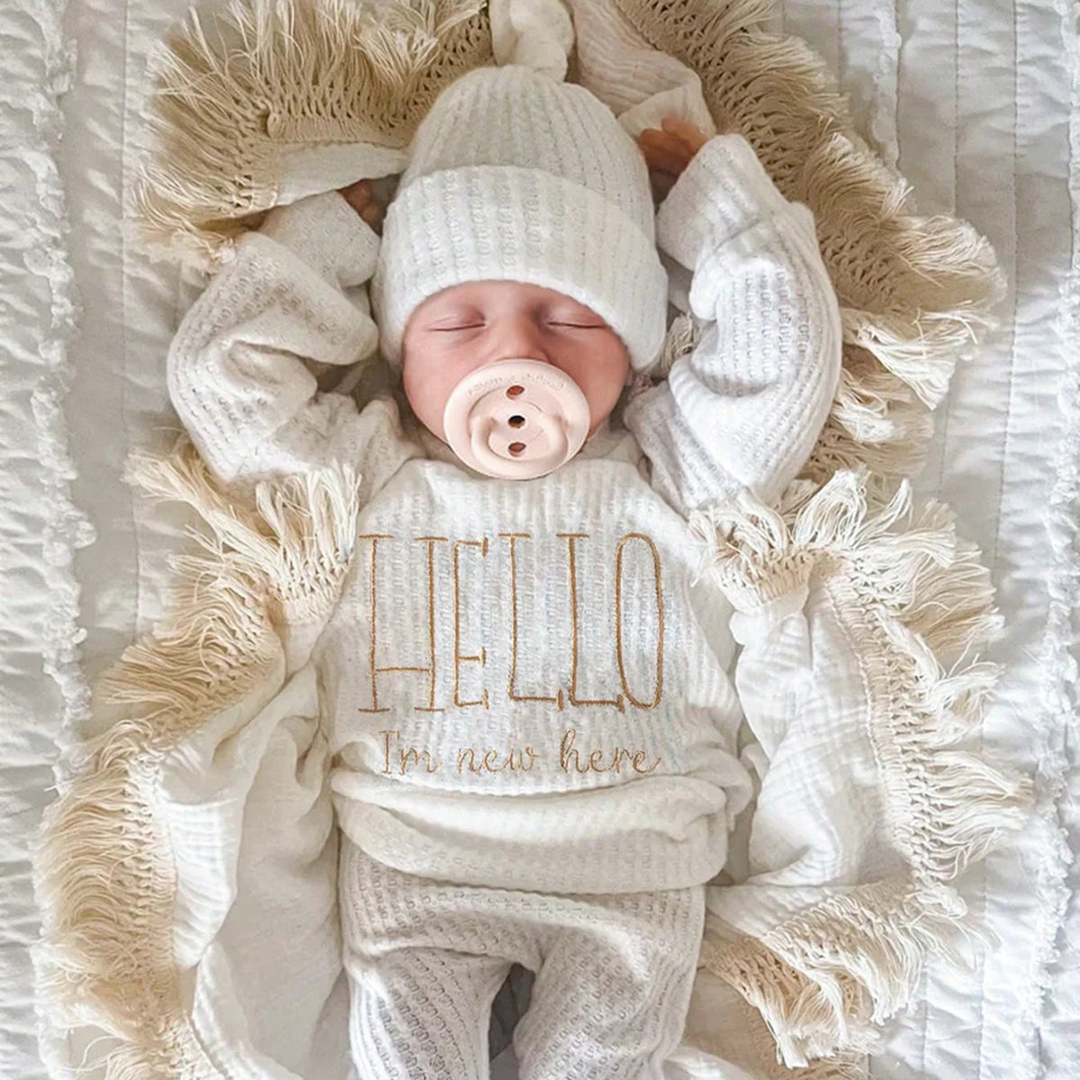 Ylsteed "bonjour" broderie nouveau-né photographie accessoires infantile barboteuse combinaison avec chapeau à nœud bébé à la maison tenue bébé Photo cadeau