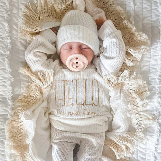 Ylsteed "bonjour" broderie nouveau-né photographie accessoires infantile barboteuse combinaison avec chapeau à nœud bébé à la maison tenue bébé Photo cadeau
