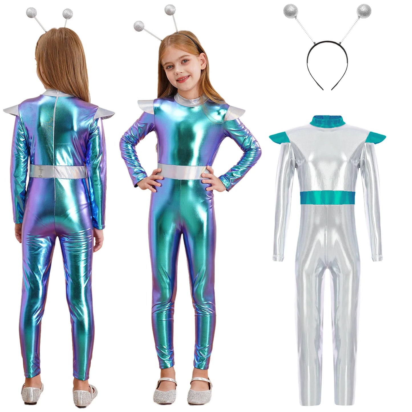 Costume de Cosplay Alien pour filles et garçons, combinaison d'astronaute à manches longues avec cerceau pour cheveux, pour fête de carnaval d'halloween