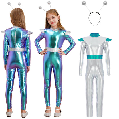 Costume de Cosplay Alien pour filles et garçons, combinaison d'astronaute à manches longues avec cerceau pour cheveux, pour fête de carnaval d'halloween