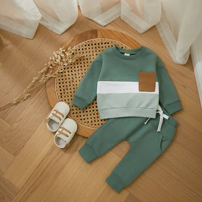 Survêtement d'hiver 2 pièces pour bébé, tenues pour garçons en bas âge, couleur contrastée, sweat-shirt à manches longues, hauts et pantalons longs, ensemble de vêtements pour tout-petits
