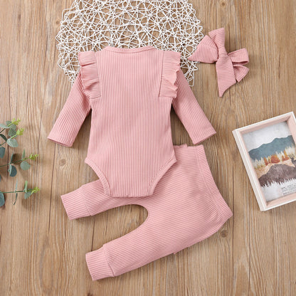 3 pièces bébé fille tenue ensemble nouveau-né enfant en bas âge enfants ensemble de vêtements bébé filles dentelle volants coton body + pantalon + bandeau vêtements
