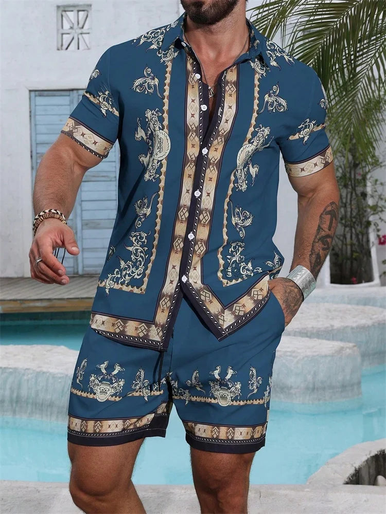 2025 Chemise à manches courtes pour hommes avec motif rétro imprimé bleu pour des vacances d'été décontractées, à la mode et quotidiennes