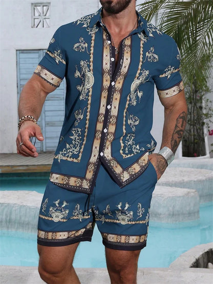 2025 Chemise à manches courtes pour hommes avec motif rétro imprimé bleu pour des vacances d'été décontractées, à la mode et quotidiennes
