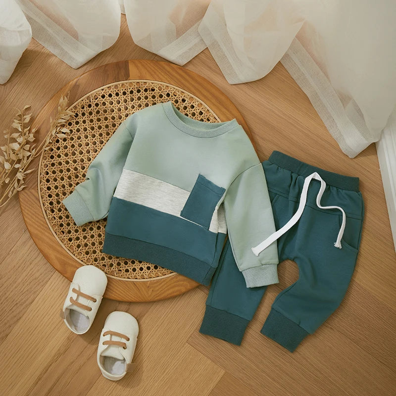 Survêtement d'hiver 2 pièces pour bébé, tenues pour garçons en bas âge, couleur contrastée, sweat-shirt à manches longues, hauts et pantalons longs, ensemble de vêtements pour tout-petits