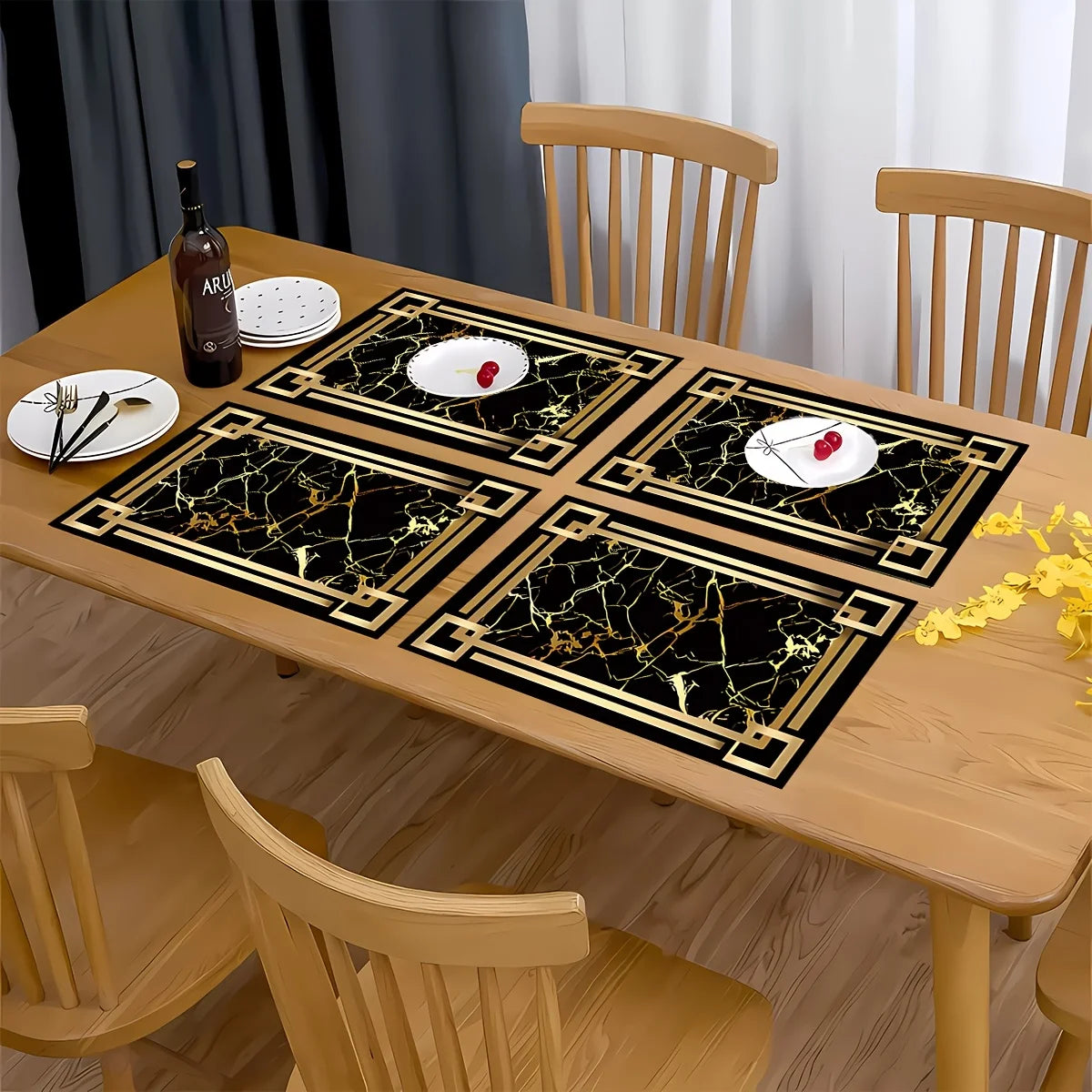 Tapis de table à motifs d'éléments dorés noirs, 4 pièces, tapis de Table, sous-verres, napperons pour Tables à manger de cuisine, décoration de fête