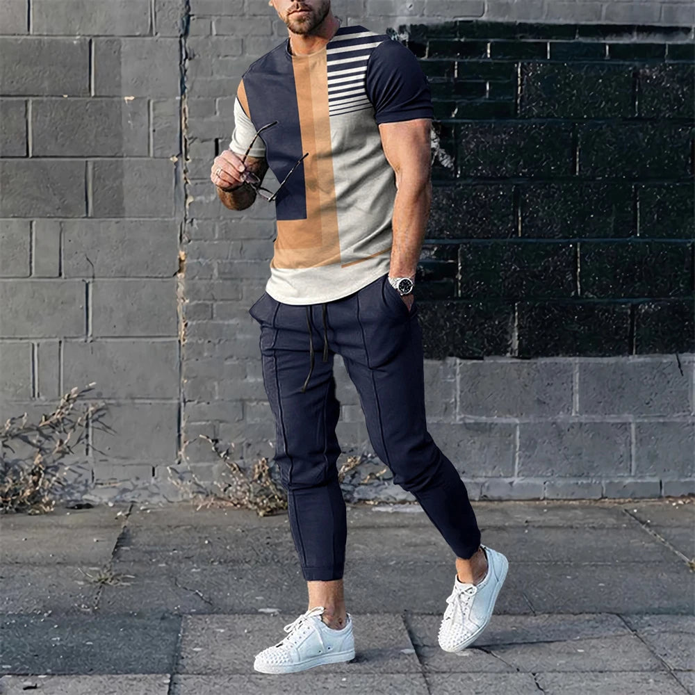 Ensemble de survêtement à manches courtes pour hommes, t-shirt décontracté, olympiques Y-pantalon, vêtements à col rond, mode sportive, fjCasual, 2 pièces