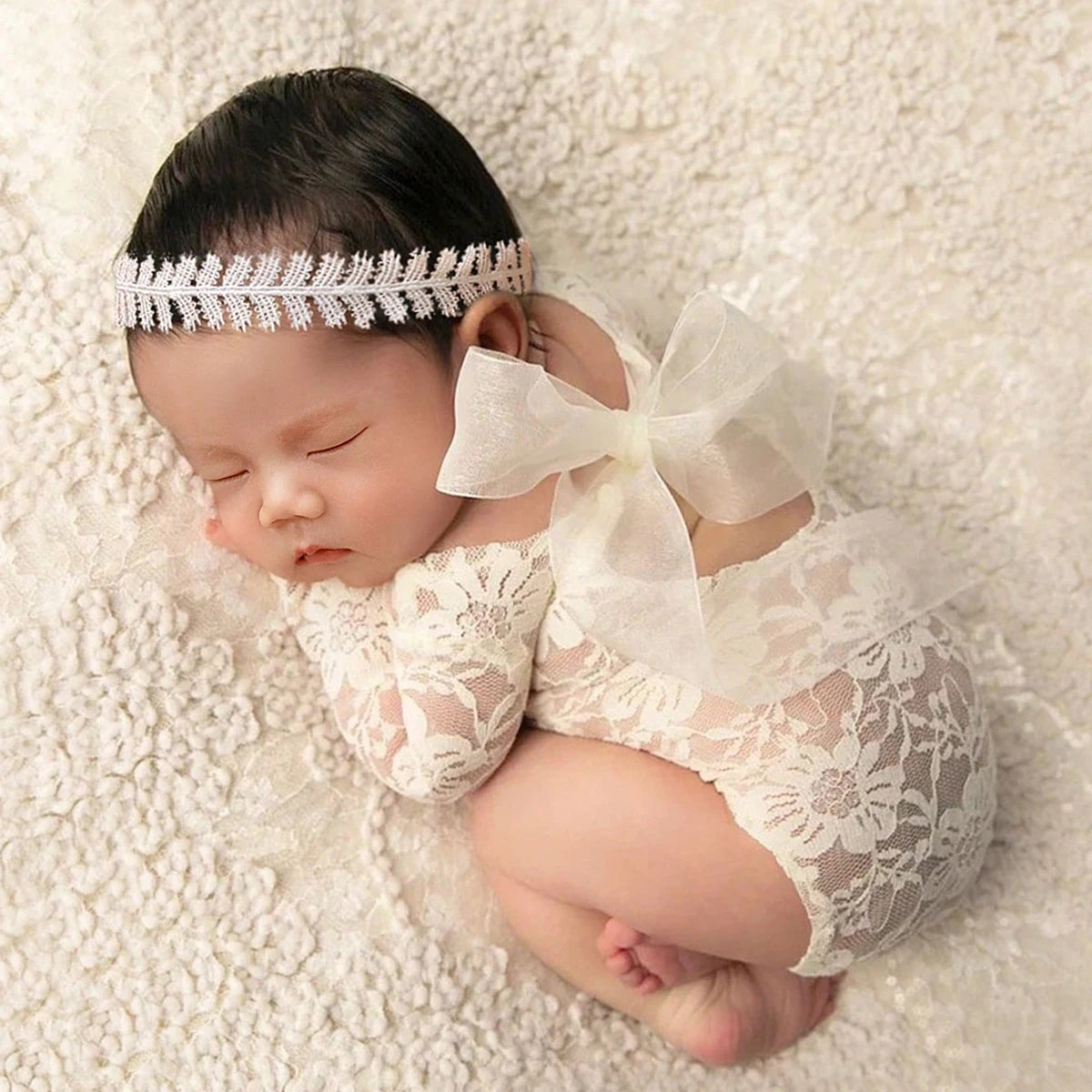 Ylsteed – ensemble 2 pièces pour nouveau-né, barboteuse en dentelle, tenues de photographie pour nourrissons avec bandeau assorti, accessoires de prise de vue Photo pour bébé fille