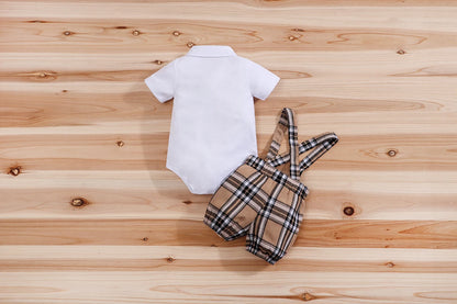 IURNXB – ensemble de vêtements pour bébé, 2 pièces, manches courtes, body ours à carreaux + pantalon à bretelles, tenues pour nouveau-né de 1 à 18 mois