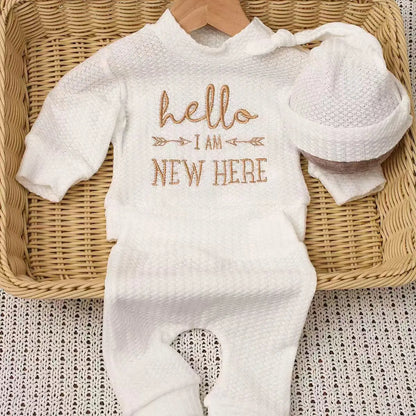 Ylsteed "bonjour" broderie nouveau-né photographie accessoires infantile barboteuse combinaison avec chapeau à nœud bébé à la maison tenue bébé Photo cadeau