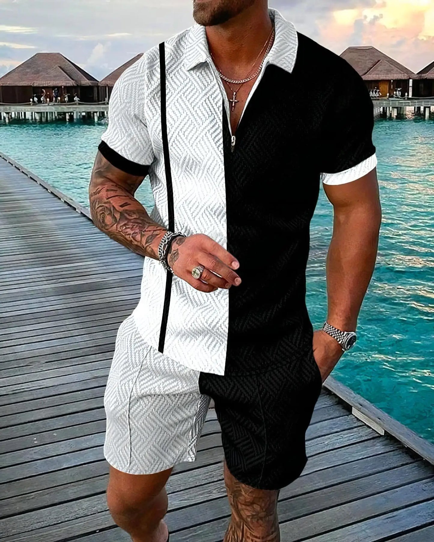 Ensemble 2 pièces pour hommes, imprimé en 3D drôle, Polo + Short, tenue décontractée, manches courtes, chemises à fermeture éclair, Hip Hop, Streetwear, été