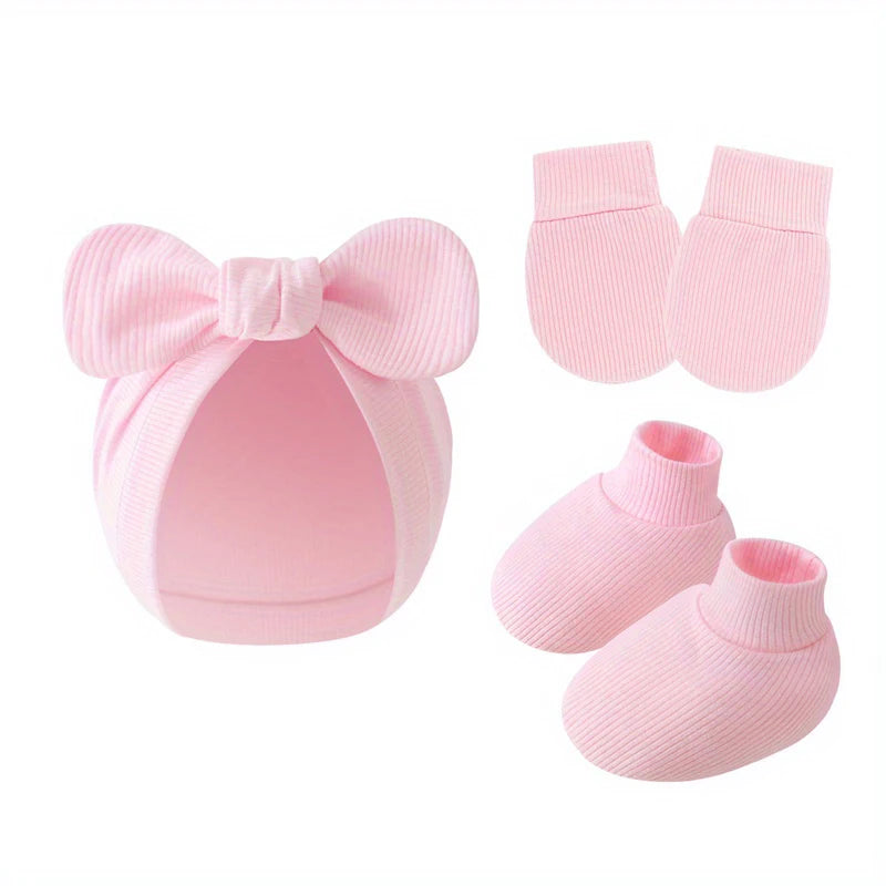 3 pièces/ensemble bébé nœud chapeau gants chaussettes coton nouveau-né Bonnet couleur unie Bonnet pour filles garçons infantile douche cadeaux 0-6M