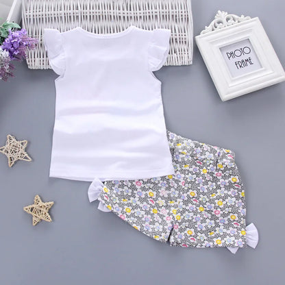 Nouveau bébé filles vêtements ensembles été enfants t-shirts hauts + pantalons courts vêtements costume enfant en bas âge fille sucette imprimé ensembles de vêtements pour bébés