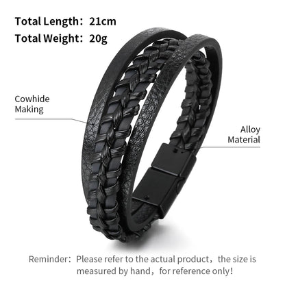 Bracelets en cuir pour hommes, en acier inoxydable, multicouches, en corde tressée, bijoux cadeaux, 21CM