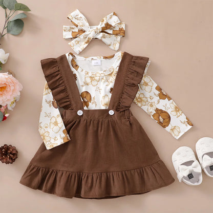 Ensemble de vêtements 3 pièces pour nouveau-né fille, haut floral à manches longues, jupe à bretelles, vêtements de sauna, mode printemps et automne, 0 à 12 mois, 03 tenue