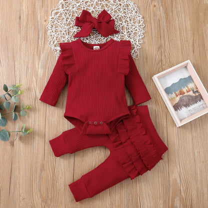 3 pièces bébé fille tenue ensemble nouveau-né enfant en bas âge enfants ensemble de vêtements bébé filles dentelle volants coton body + pantalon + bandeau vêtements