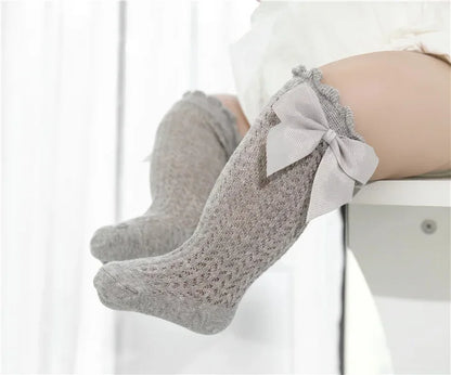 Chaussettes d'été en coton pour bébé fille de 0 à 24 mois, avec nœud en maille et dentelle, aux genoux, pour nouveau-né, princesse, longues, nouvelle collection 2024