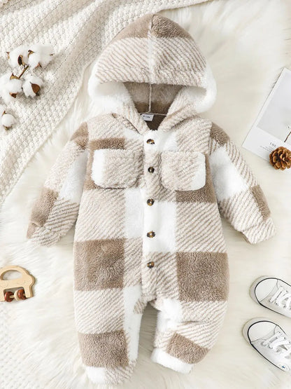 Barboteuse à carreaux pour bébés garçons et filles, combinaison à capuche et manches longues en peluche, vêtements chauds d'hiver pour tout-petits garçons de 3 à 24 mois