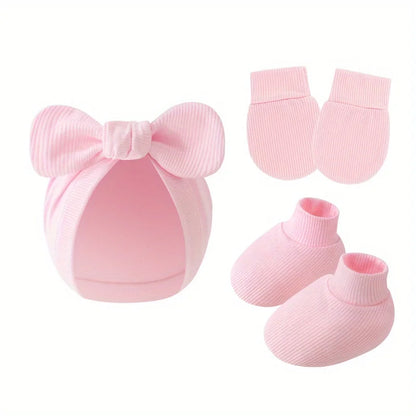 3 pièces/ensemble bébé nœud chapeau gants chaussettes coton nouveau-né Bonnet couleur unie Bonnet pour filles garçons infantile douche cadeaux 0-6M