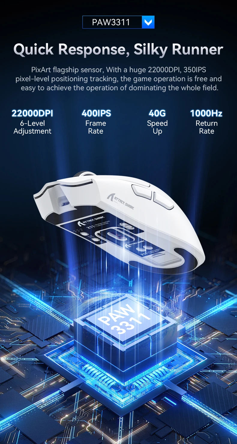 ATTACK SHARK X11 Souris de jeu sans fil légère avec rétroéclairage RVB, jusqu'à 22 K DPI, capteur optique PAW3311, commutateur HUYU