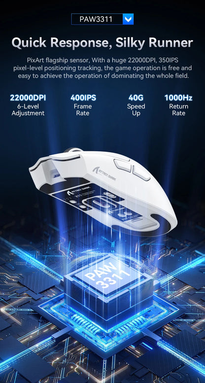ATTACK SHARK X11 Souris de jeu sans fil légère avec rétroéclairage RVB, jusqu'à 22 K DPI, capteur optique PAW3311, commutateur HUYU