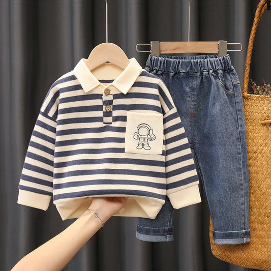 Ensemble de 2 pièces de vêtements de sport décontractés pour enfants, sweats à capuche à bandes, jeans pour garçons, survêtements pour enfants, tenue de printemps et d'automne, 0 à 5 ans, nouveau