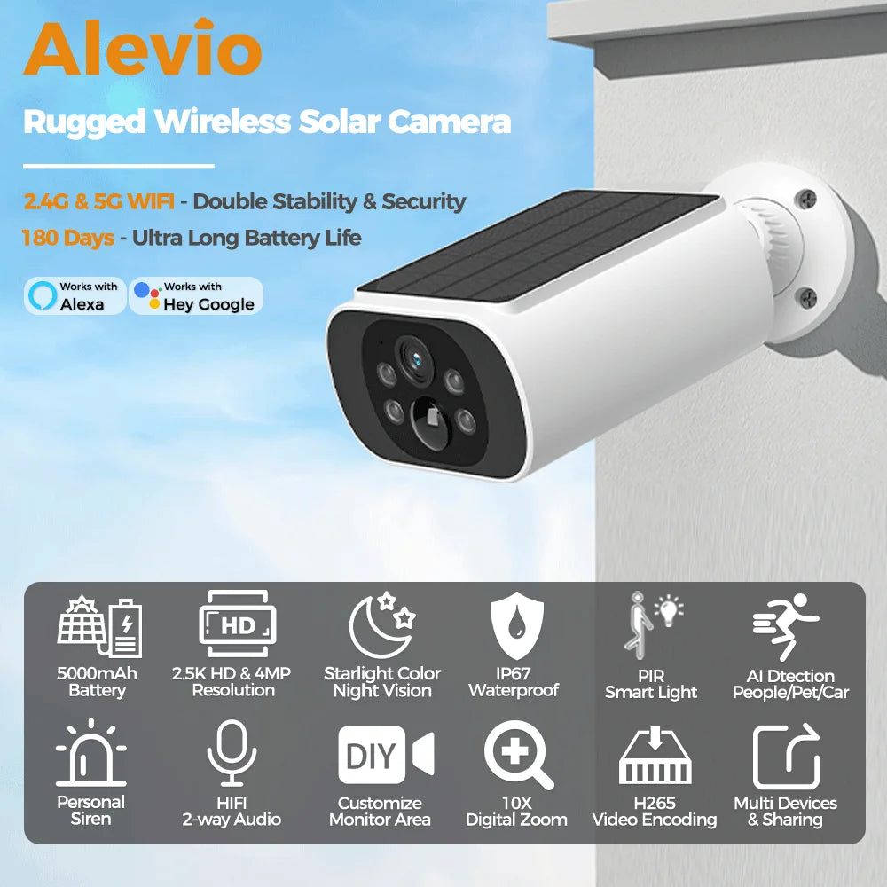 ALEVIO 2.5K caméra solaire extérieure caméra sans fil WIFI Ultra veille temps PIR lumière de mouvement couleur Vision nocturne AI détecter batterie Cam