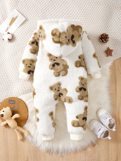 Combinaison d'hiver en peluche pour bébé fille, à la mode, décontractée, mignonne, motif petit ours, fermeture éclair inclinée, capuche, manches longues
