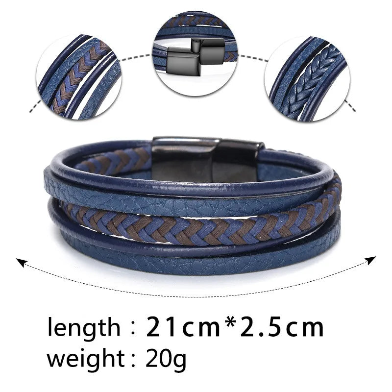 Bracelets en cuir pour hommes, en acier inoxydable, multicouches, en corde tressée, bijoux cadeaux, 21CM
