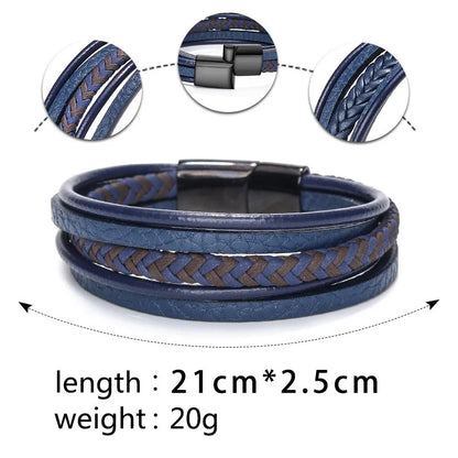 Bracelets en cuir pour hommes, en acier inoxydable, multicouches, en corde tressée, bijoux cadeaux, 21CM