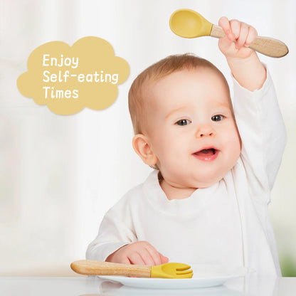 2 pièces/ensemble vaisselle bébé cuillère fourchette ensemble enfants Silicone bois alimentation formation bébé vaisselle couverts bébé alimentation fournitures